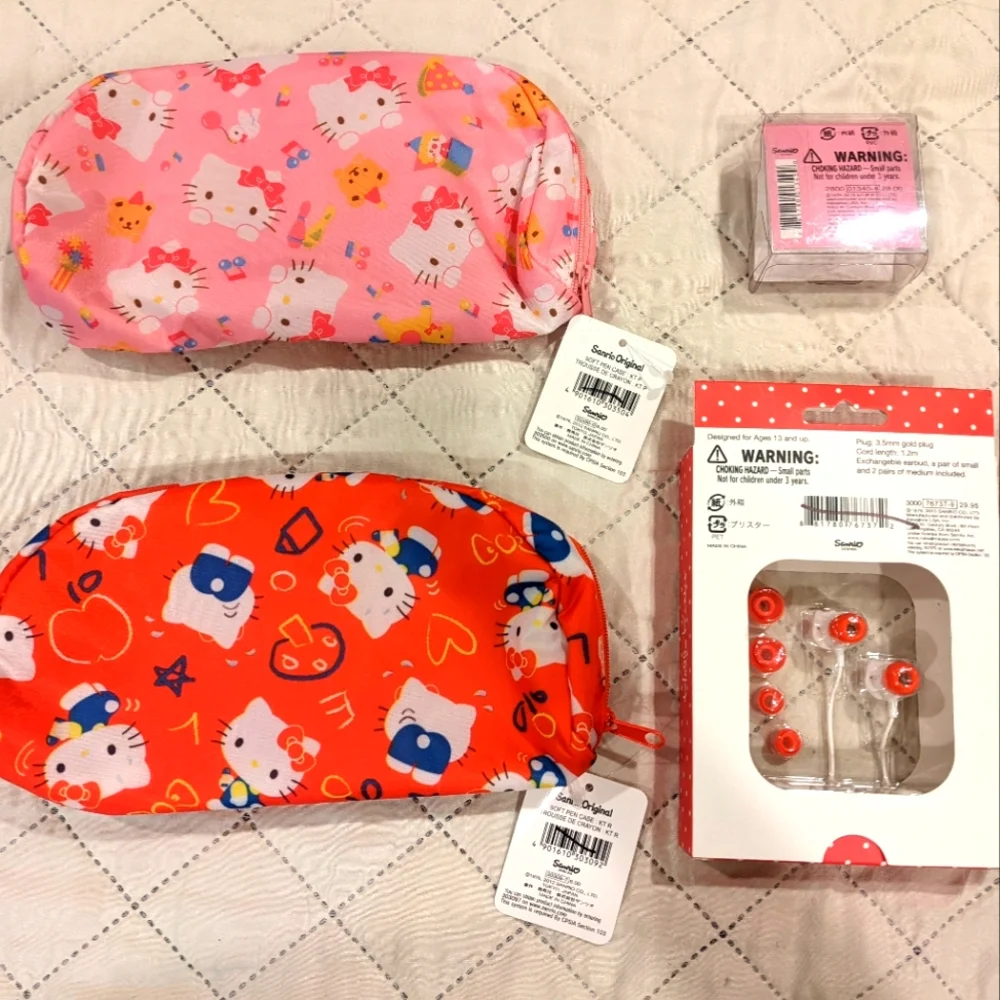 NWT Sanrio Hello Kitty pen cases, earbuds, double finger ring